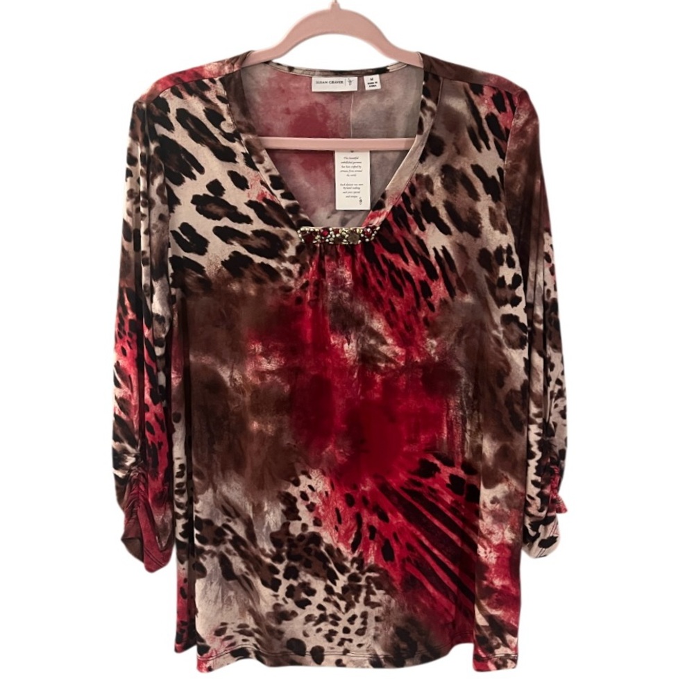 Susan Graver Animal Print Liquid Knit Tunic Top Jewel Embellishment